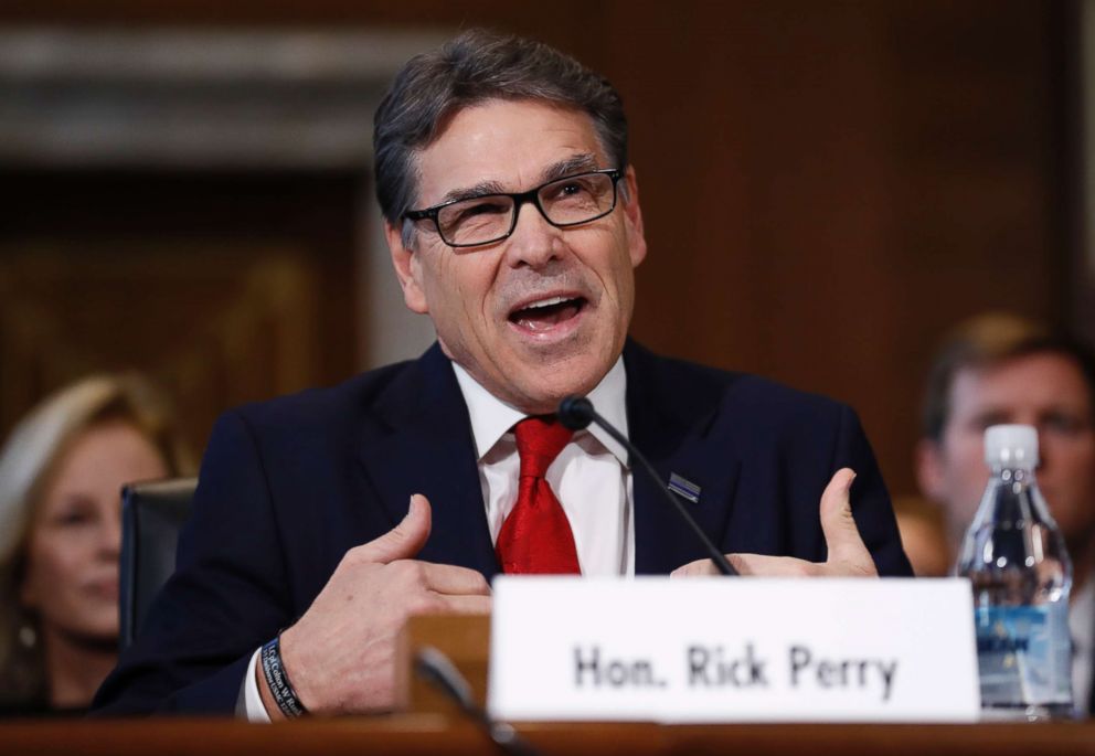 PHOTO: Energy Secretary-designate, former Texas Gov. Rick Perry, testifies on Capitol Hill in Washington, Jan. 19, 2017, at his confirmation hearing before the Senate Energy and Natural Resources Committee. 