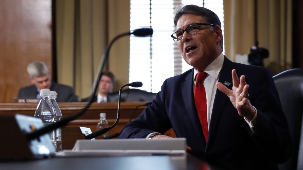 PHOTO: Energy Secretary-designate, former Texas Gov. Rick Perry, testifies on Capitol Hill in Washington, Jan. 19, 2017, at his confirmation hearing before the Senate Energy and Natural Resources Committee.