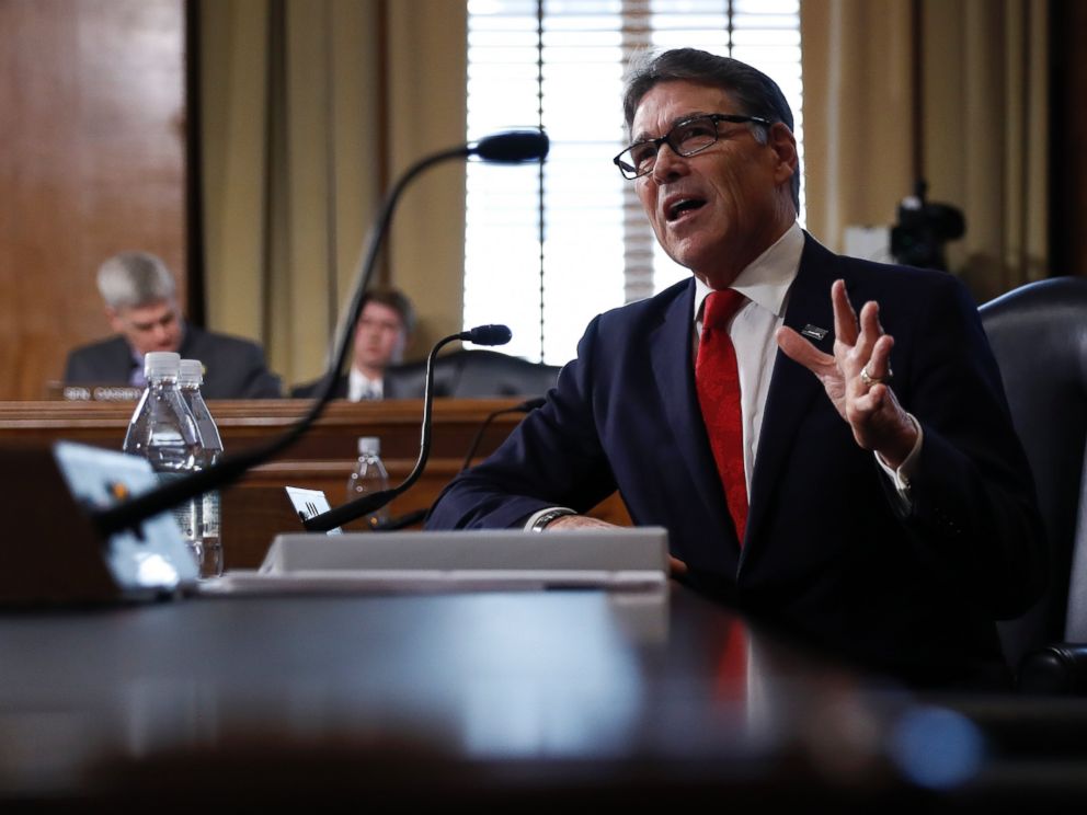 PHOTO: Energy Secretary-designate, former Texas Gov. Rick Perry, testifies on Capitol Hill in Washington, Jan. 19, 2017, at his confirmation hearing before the Senate Energy and Natural Resources Committee.