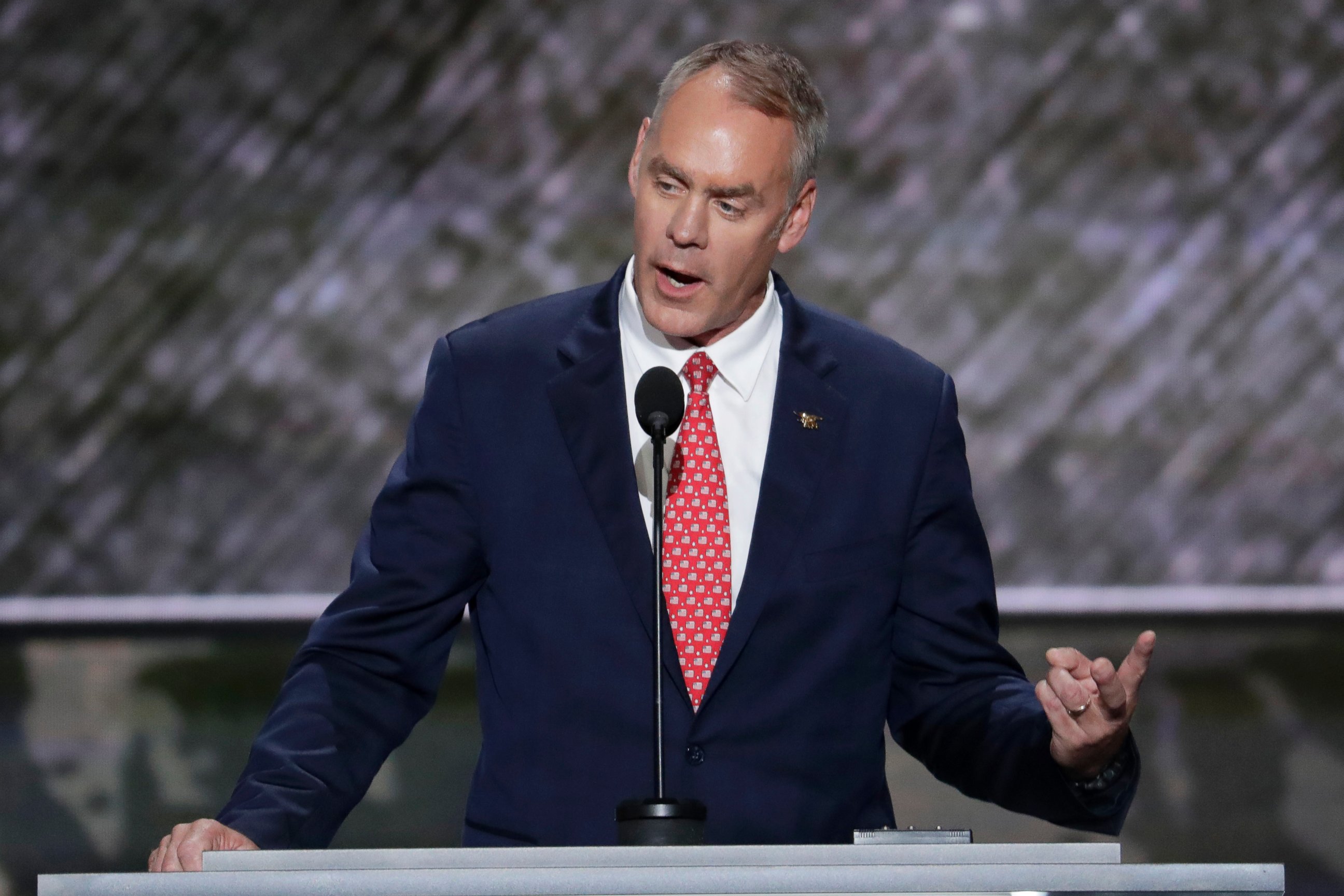 PHOTO: Rep. Ryan Zinke speaks during the opening day of the Republican National Convention in Cleveland, July 18, 2016.