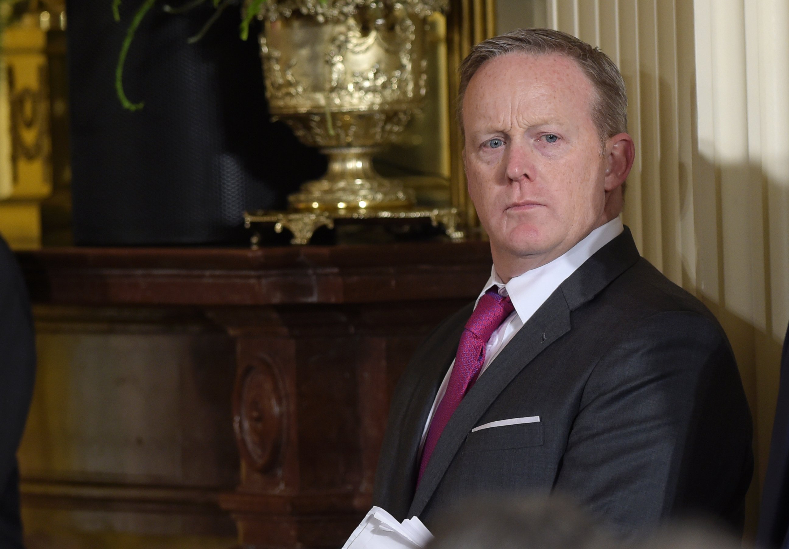 PHOTO: White House Press Secretary Sean Spicer waits for the start of a news conference with President Donald Trump and Colombian President Juan Manuel Santos in Washington, May 18, 2017.