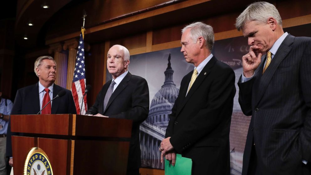 From left, Sen. Lindsey Graham, Sen. John McCain, Sen. Ron Johnson, and Sen. Bill Cassidy speak to reporters at the Capitol as the Republican-controlled Senate unable to fulfill their political promise to repeal and replace "Obamacare" because of opposition and wavering within the GOP ranks, in Washington, July 27, 2017.