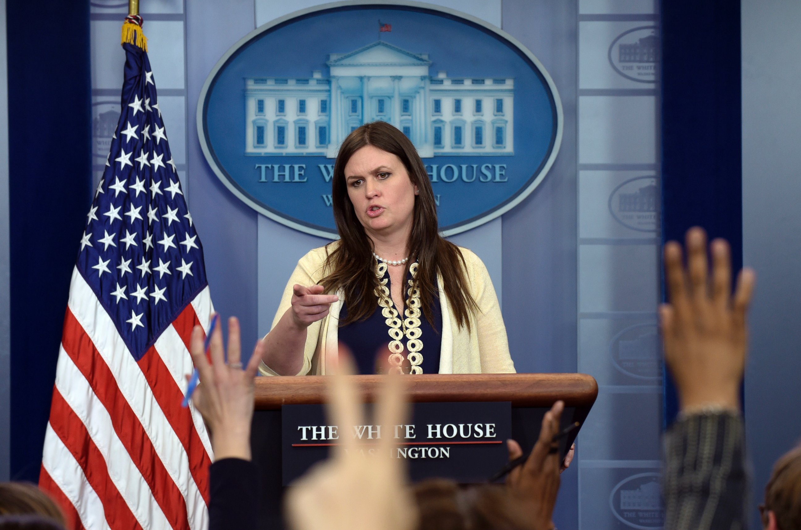 PHOTO: Deputy White House press secretary Sarah Huckabee Sanders takes questions from members of the media during the daily briefing at the White House in Washington, May 10, 2017.