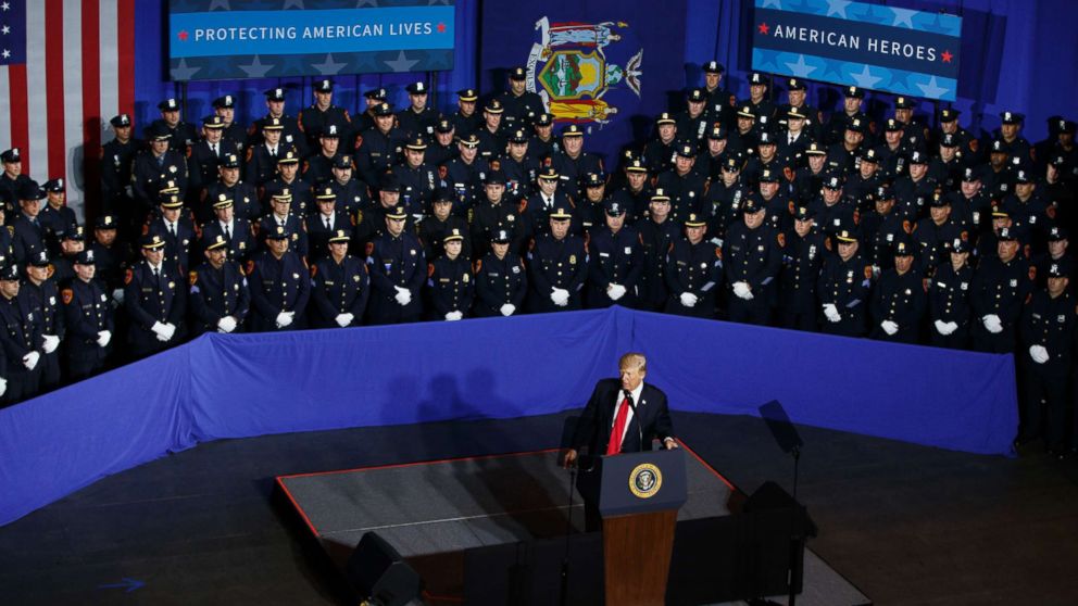 PHOTO: President Donald Trump speaks to law enforcement officials on the street gang MS-13, July 28, 2017, in Brentwood, N.Y.