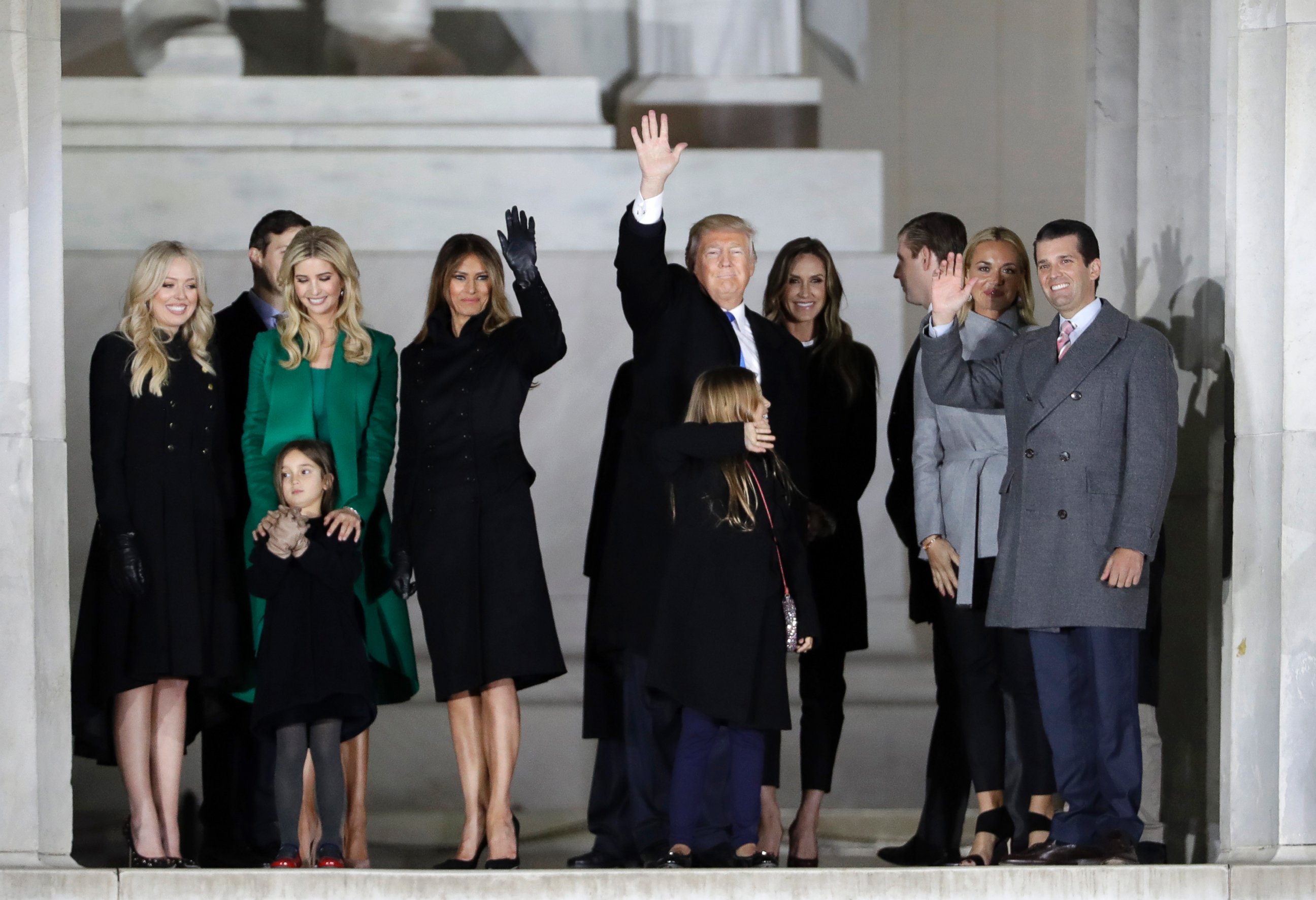 PHOTO: President-elect Donald Trump and his wife Melania Trump stand with family at a pre-Inaugural "Make America Great Again! Welcome Celebration" at the Lincoln Memorial in Washington, Jan. 19, 2017. 