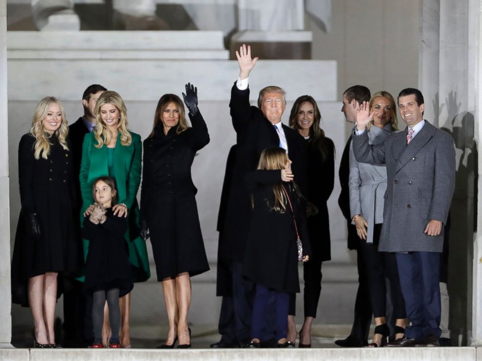 PHOTO: President-elect Donald Trump and his wife Melania Trump stand with family at a pre-Inaugural Make America Great Again! Welcome Celebration at the Lincoln Memorial in Washington, Jan. 19, 2017.