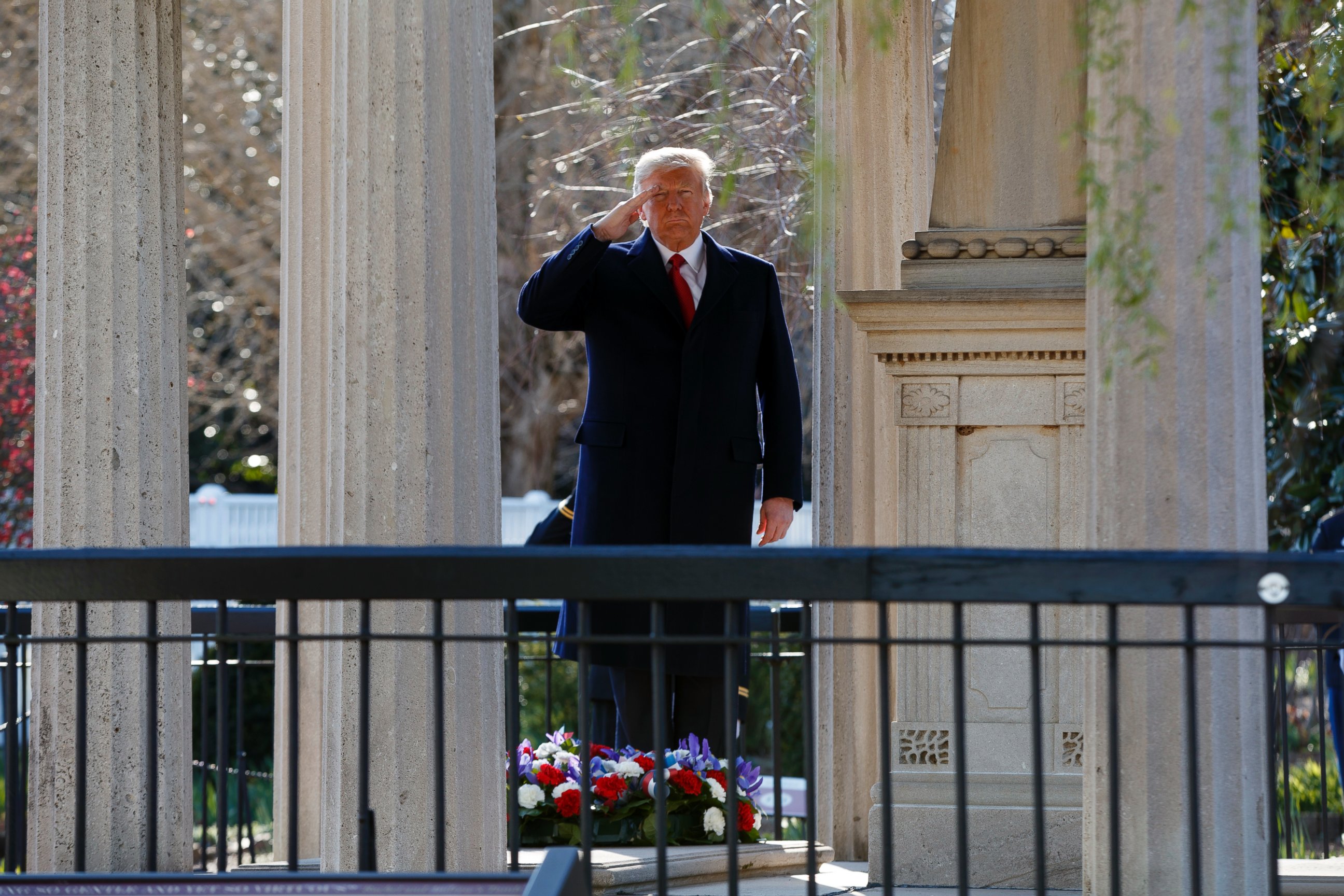 PHOTO: President Donald Trump salutes after laying a wreath at the Hermitage, the home of President Andrew Jackson, to commemorate Jackson's 250th birthday, March 15, 2017, in Nashville, Tenn.