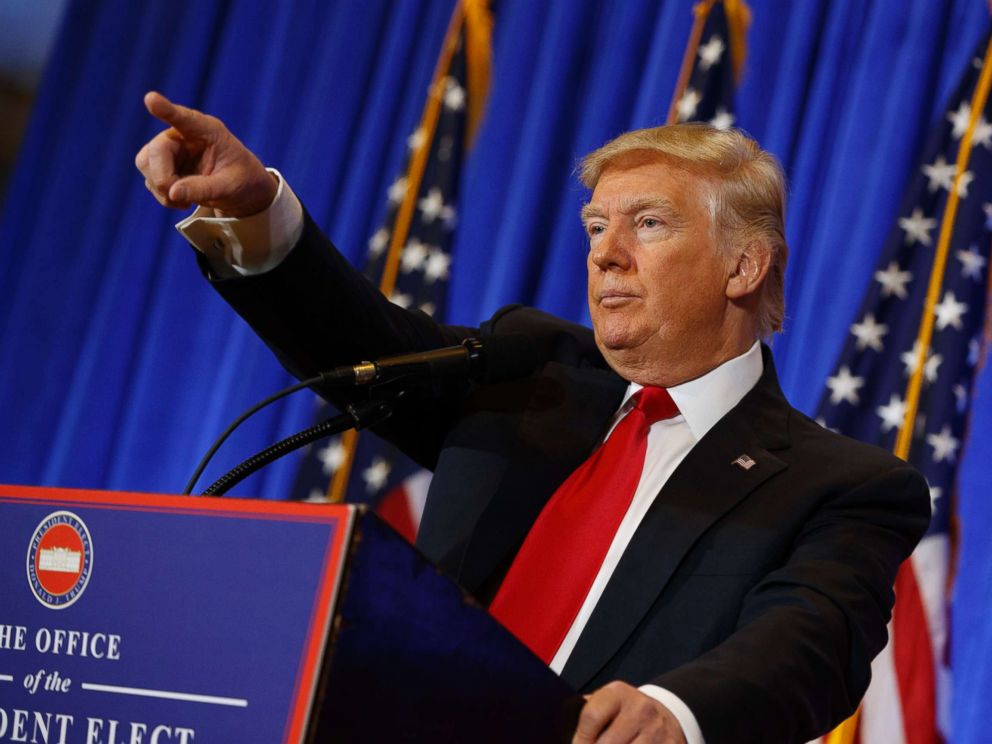 PHOTO: President-elect Donald Trump calls on a reporter during a news conference in the lobby of Trump Tower in New York, Jan. 11, 2017.