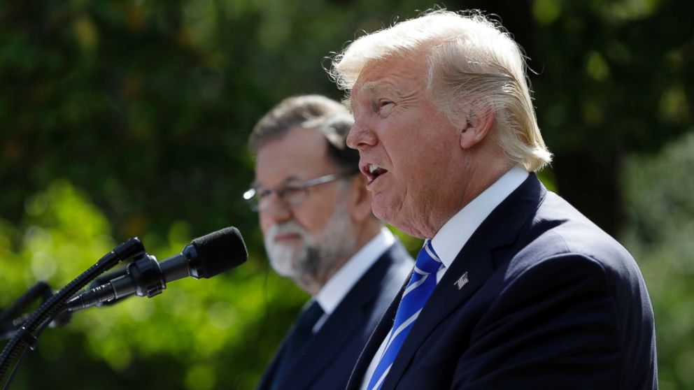 President Donald Trump speaks in the Rose Garden during a news conference with Spanish Prime Minister Mariano Rajoy at the White House, Sept. 26, 2017, in Washington, D.C.