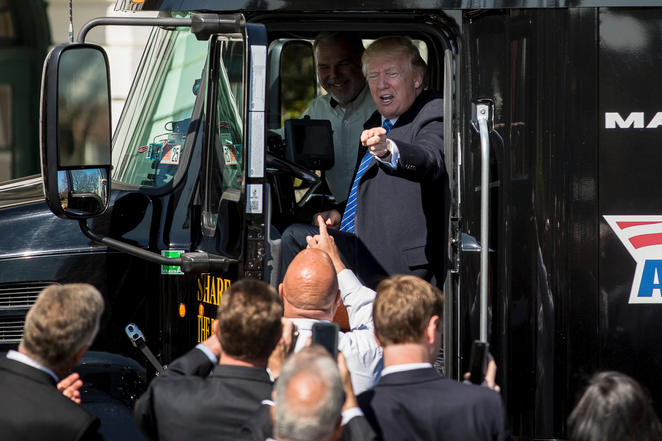 PHOTO: President Donald J. Trump sits in an 18-wheeler truck while meeting with truckers and CEOs regarding healthcare on the South Lawn of the White House in Washington, March 23, 2017.