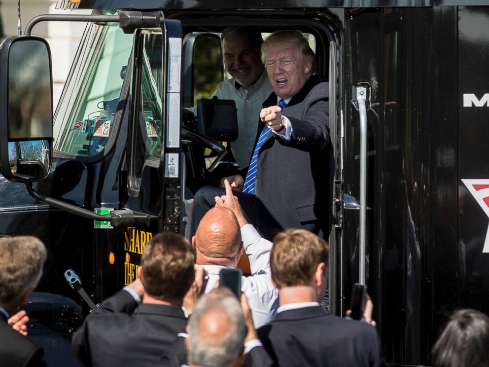 PHOTO: President Donald J. Trump sits in an 18-wheeler truck while meeting with truckers and CEOs regarding healthcare on the South Lawn of the White House in Washington, March 23, 2017.