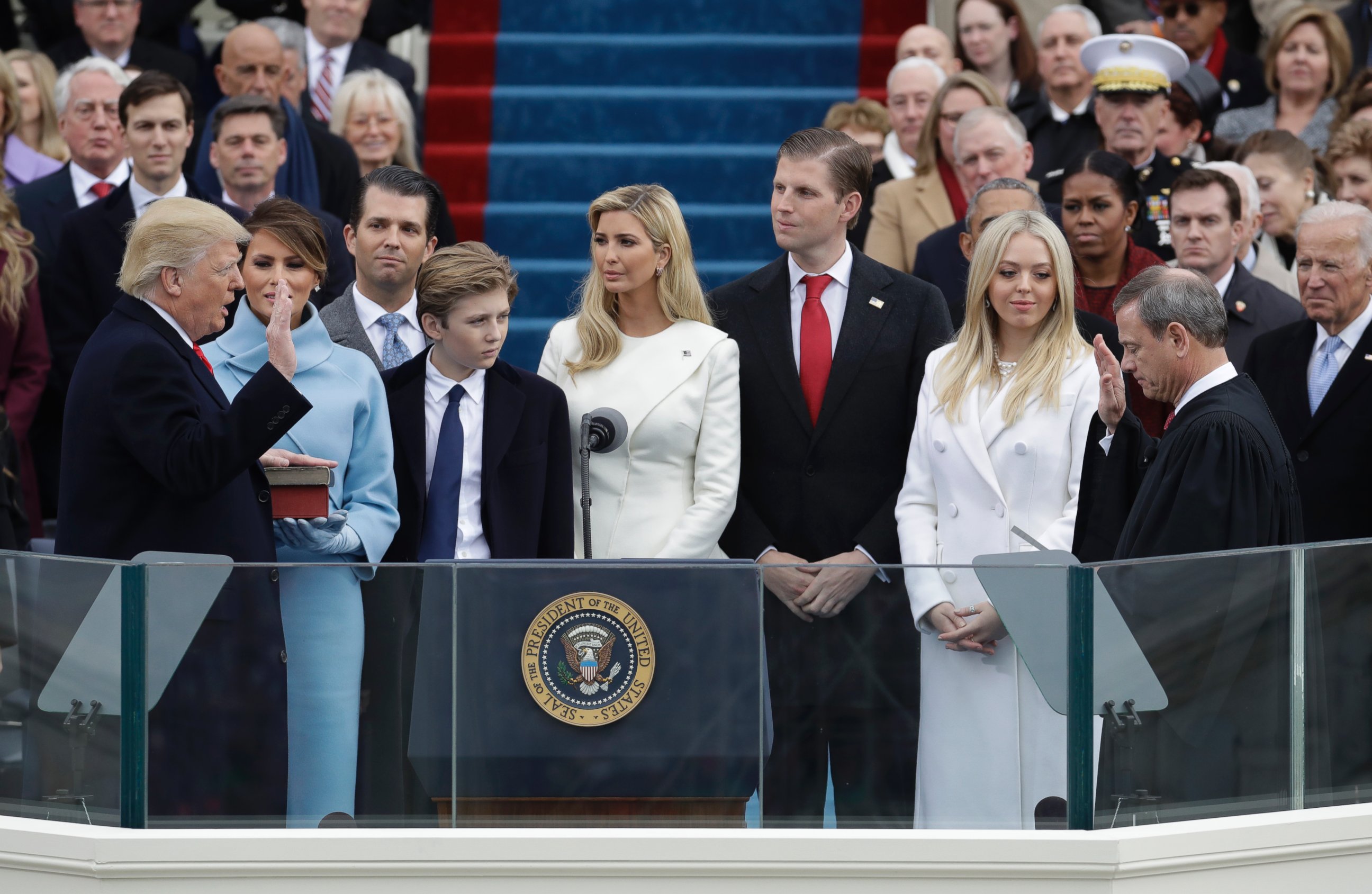 PHOTO: Donald Trump is sworn in as the 45th president of the United States by Chief Justice John Roberts as Melania Trump and his family looks on during the 58th Presidential Inauguration at the U.S. Capitol in Washington, Jan. 20, 2017.