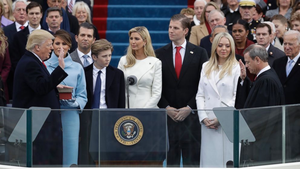 PHOTO: Donald Trump is sworn in as the 45th president of the United States by Chief Justice John Roberts as Melania Trump and his family looks on during the 58th Presidential Inauguration at the U.S. Capitol in Washington, Jan. 20, 2017.