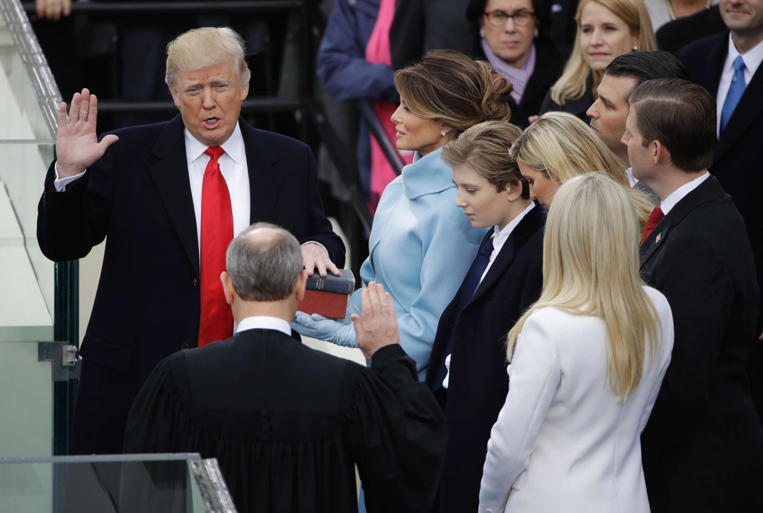 PHOTO: Donald Trump is sworn in as the 45th president of the United States by Chief Justice John Roberts as Melania Trump looks on during the 58th Presidential Inauguration at the U.S. Capitol in Washington, Jan. 20, 2017.