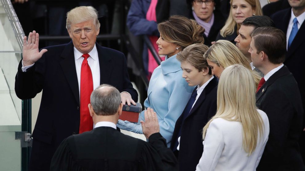 PHOTO: Donald Trump is sworn in as the 45th president of the United States by Chief Justice John Roberts as Melania Trump looks on during the 58th Presidential Inauguration at the U.S. Capitol in Washington, Jan. 20, 2017.