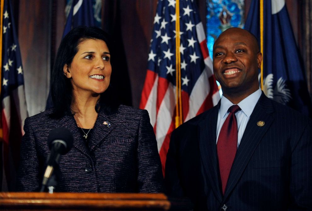 PHOTO: South Carolina Gov. Nikki Haley, announces Rep. Tim Scott, right, as Sen. Jim DeMint's replacement in the U.S. Senate during a news conference at the South Carolina Statehouse, Dec. 17, 2012, in Columbia, S.C.