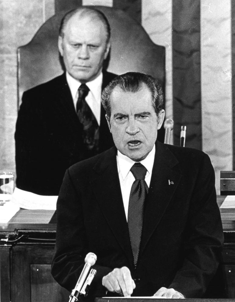 PHOTO: With Gerald Ford seated behind him, President Richard Nixon delivers a State of the Union message before a joint session of Congress in Washington, Jan. 1974.