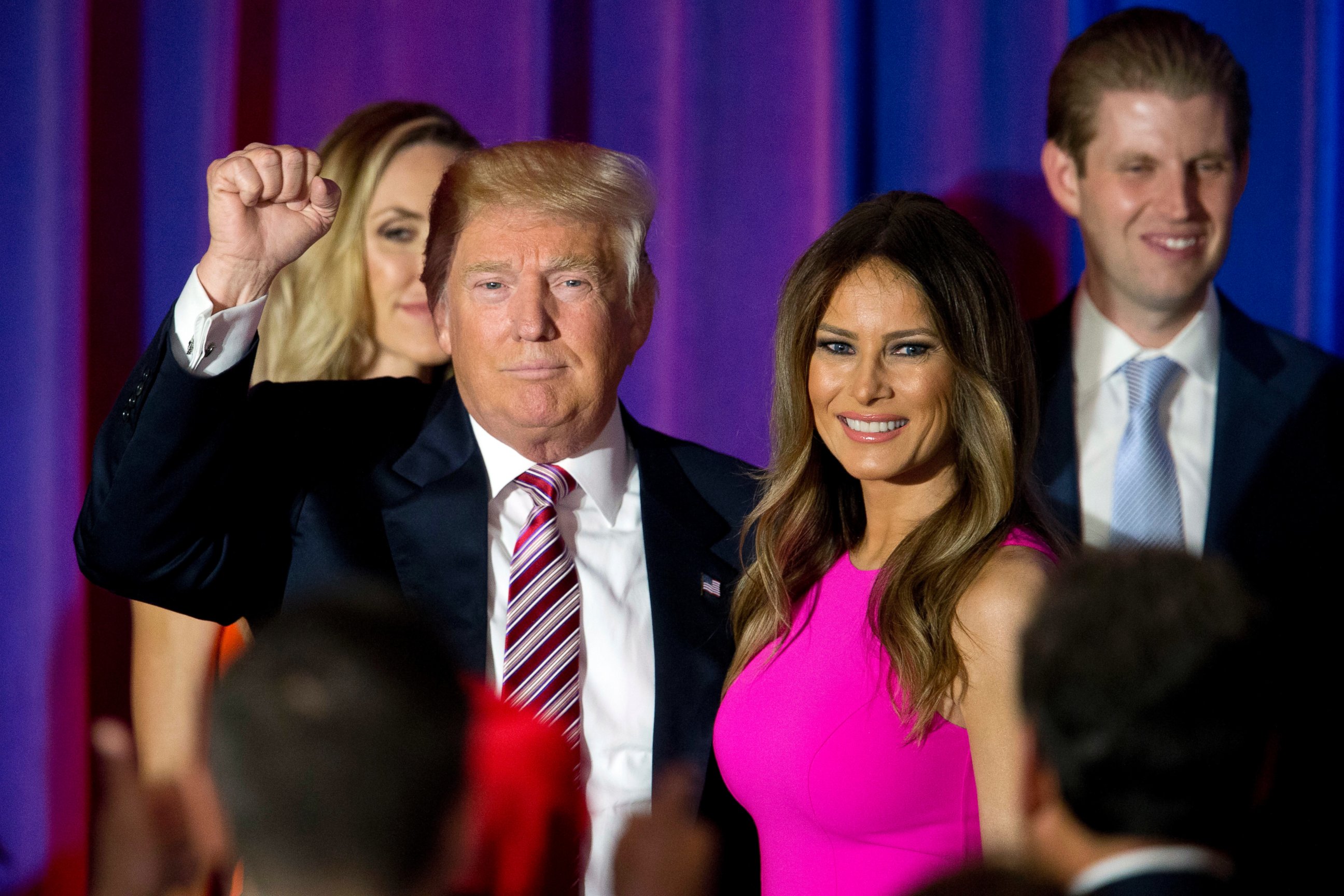 PHOTO: Republican presidential candidate Donald Trump gestures to supporters as he leaves the stage with his wife Melania after a news conference at the Trump National Golf Club Westchester, June 7, 2016, in Briarcliff Manor, New York. 