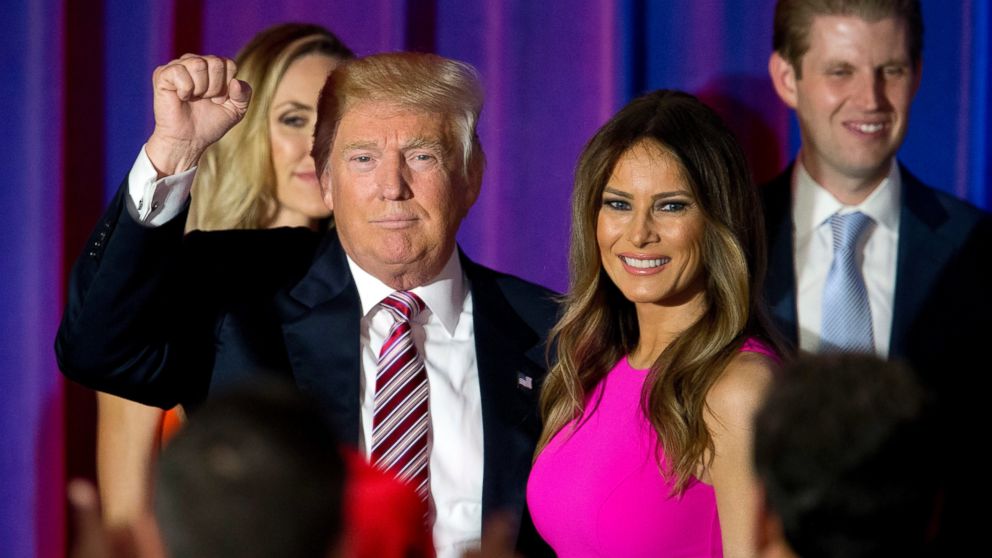 PHOTO: Republican presidential candidate Donald Trump gestures to supporters as he leaves the stage with his wife Melania after a news conference at the Trump National Golf Club Westchester, June 7, 2016, in Briarcliff Manor, New York. 