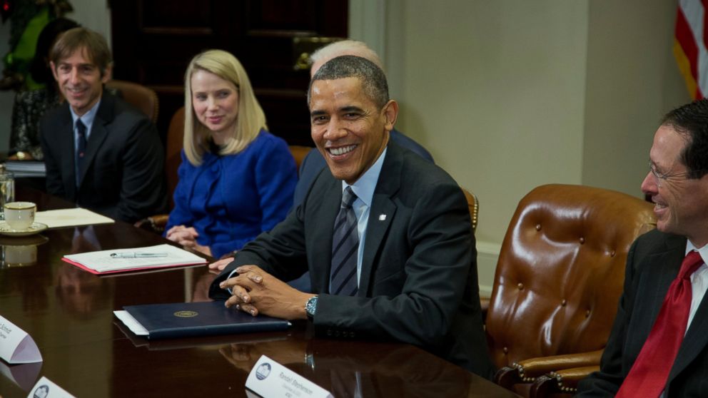 President Barack Obama meets with technology executives in Washington, Dec. 17, 2013. From left are, Mark Pincus, founder and Chairman, Zynga; Marissa Mayer, President and CEO, Yahoo!, Obama, and Randall Stephenson, Chairman & CEO, AT&T.