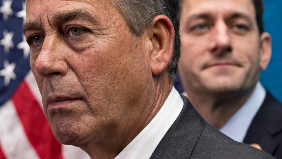 PHOTO: House Speaker John Boehner of Ohio, left,  joined by House Budget Committee Chairman Rep. Paul Ryan, R-Wis., takes reporters' questions, on Capitol Hill in Washington, Dec. 11, 2013.