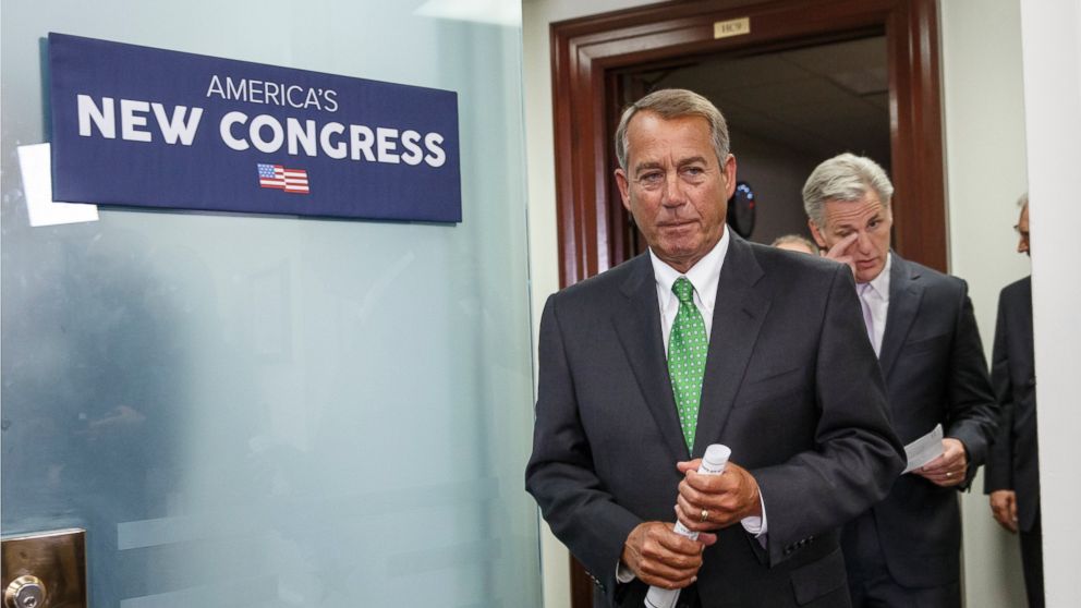 PHOTO: House Speaker John Boehner of Ohio, followed by House Majority Leader Kevin McCarthy, R-Calif., arrives to speak to reporters following a House GOP caucus meeting on Capitol Hill in Washington, Wednesday, Jan. 7, 2015. 