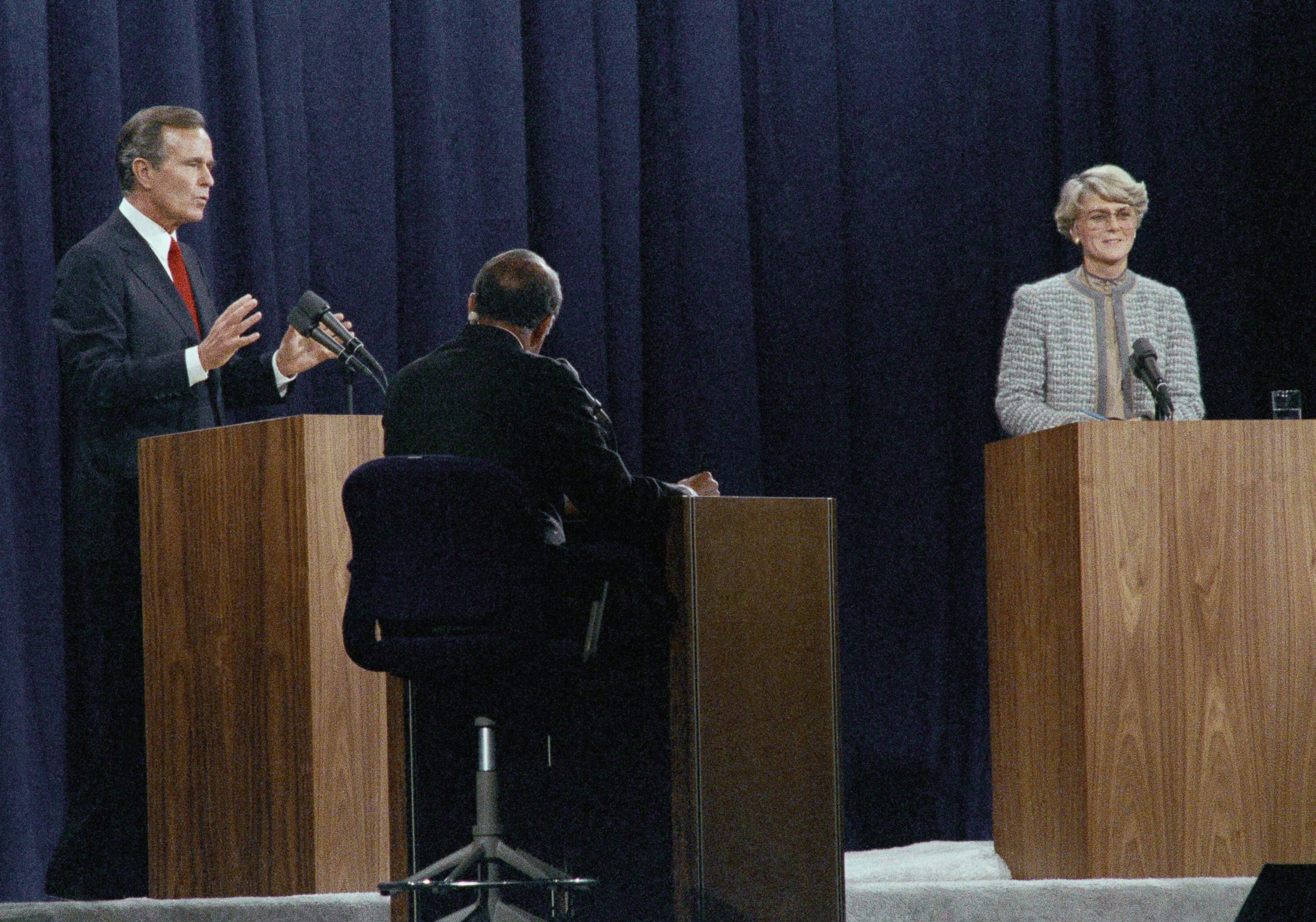 PHOTO: Vice-President George H. Bush makes a point as Democratic Vice-Presidential candidate Geraldine Ferraro speaks, Oct. 12, 1984, during debate in Philadelphia. 