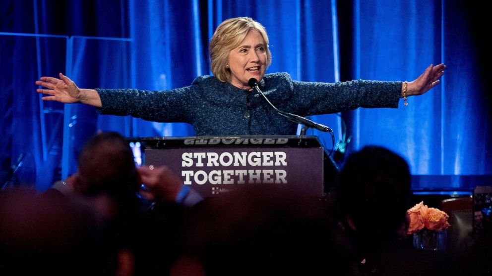 PHOTO: Democratic presidential candidate Hillary Clinton speaks at a LGBT For Hillary Gala at the Cipriani Club, in New York, Friday, Sept. 9, 2016. 