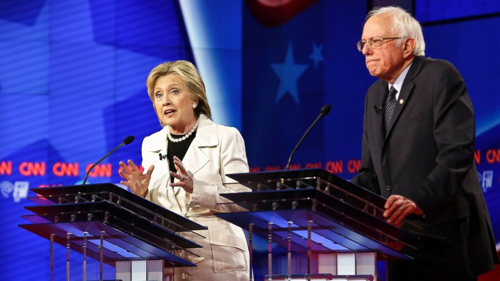 Democratic presidential candidates Sen. Bernie Sanders, I-Vt., right, and Hillary Clinton during the Democratic Presidential Primary Debate at the Brooklyn Navy Yard held April 14, 2016.