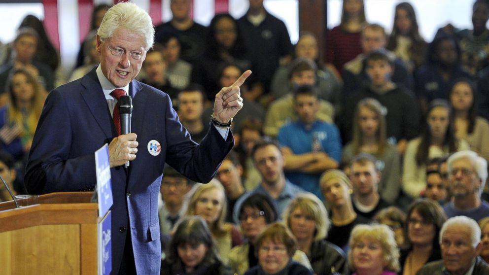 Bill Clinton addresses a crowd of about 1,200 at Erie Hall at Penn State Behrend in Harborcreek Township, near Erie, Pennsylvania, April 8, 2016.