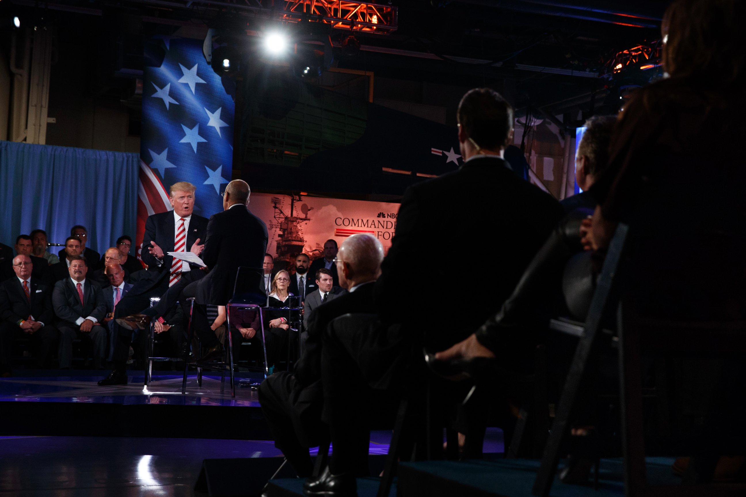 PHOTO:Republican presidential candidate Donald Trump speaks with Matt Lauer at the NBC Commander-In-Chief Forum held at the Intrepid Sea, Air and Space museum aboard the decommissioned aircraft carrier Intrepid, New York, NY Sept. 7, 2016. 
