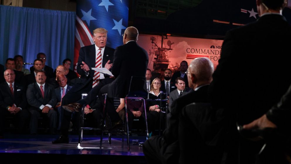 PHOTO:Republican presidential candidate Donald Trump speaks with Matt Lauer at the NBC Commander-In-Chief Forum held at the Intrepid Sea, Air and Space museum aboard the decommissioned aircraft carrier Intrepid, New York, NY Sept. 7, 2016. 