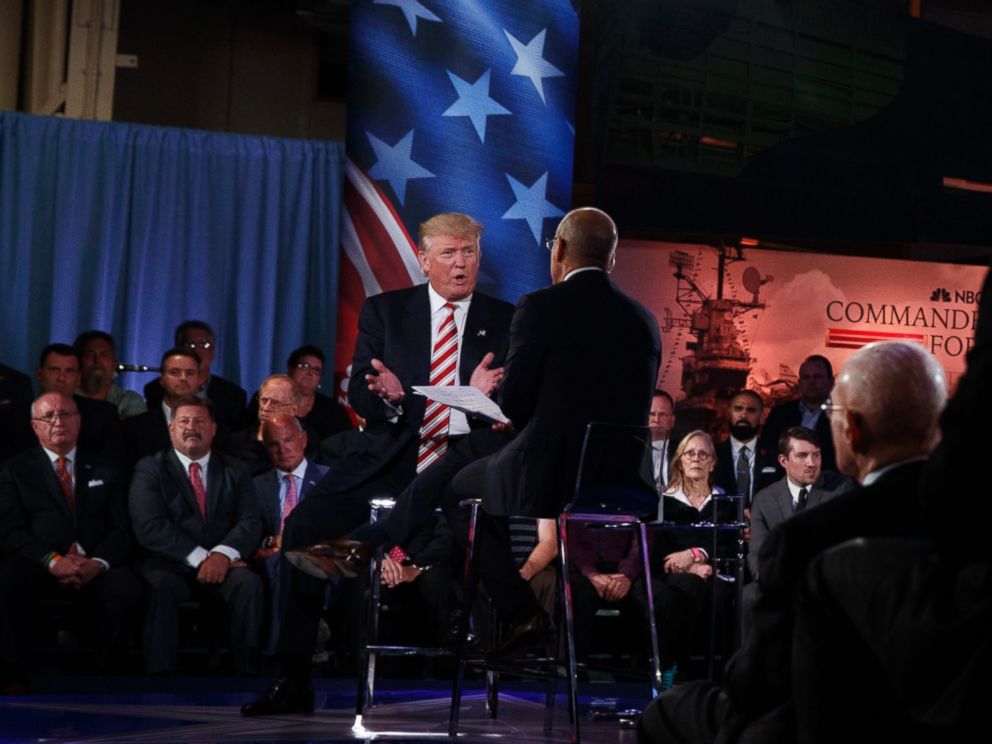 PHOTO:Republican presidential candidate Donald Trump speaks with Matt Lauer at the NBC Commander-In-Chief Forum held at the Intrepid Sea, Air and Space museum aboard the decommissioned aircraft carrier Intrepid, New York, NY Sept. 7, 2016.