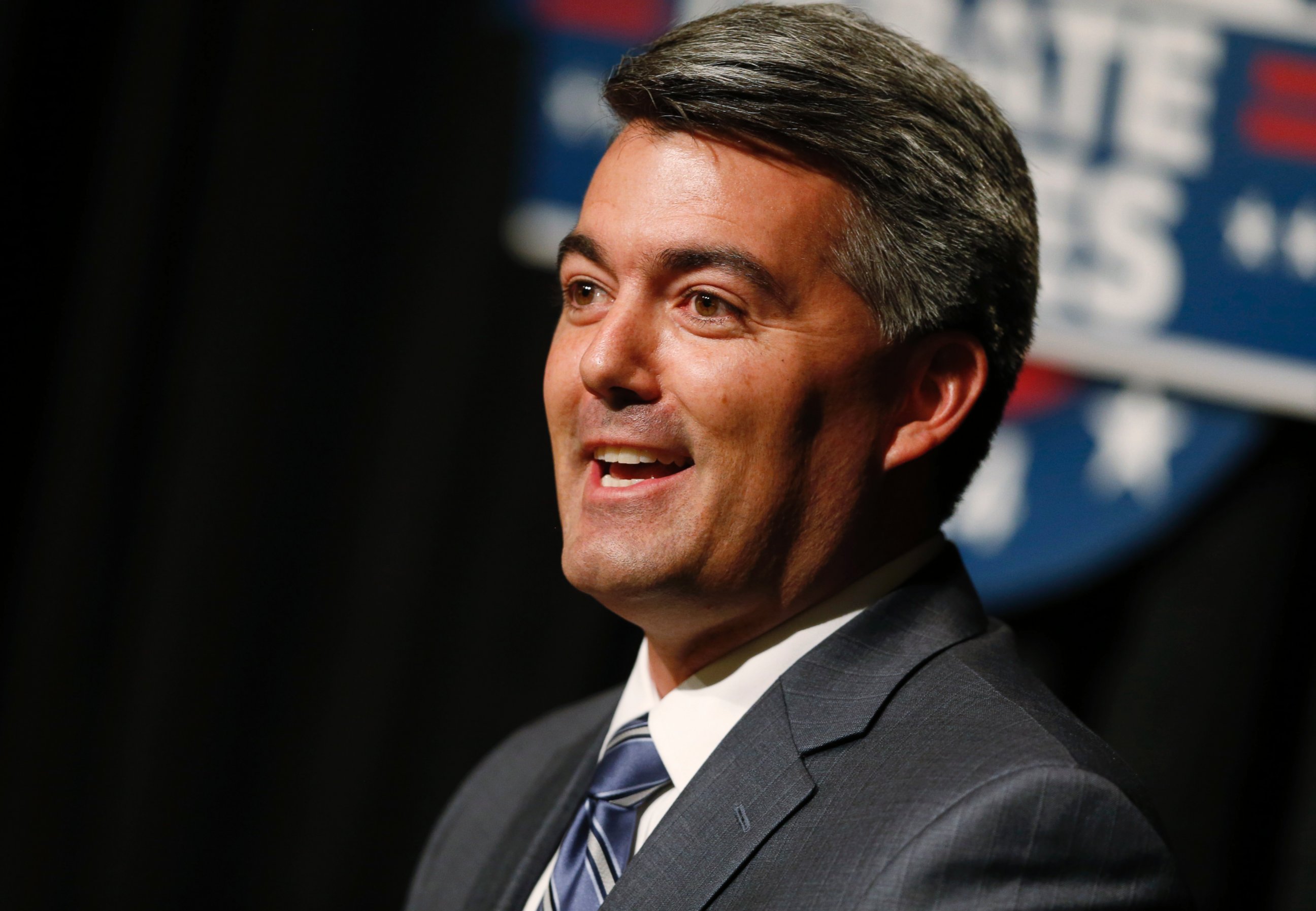 PHOTO: FILE - This Oct.  7, 2014 file photo shows Republican challenger U.S. Rep. Cory Gardner making point during his senatorial debate with incumbent U.S. Sen. Mark Udall, D-Colo., at The Denver Post in Denver. 