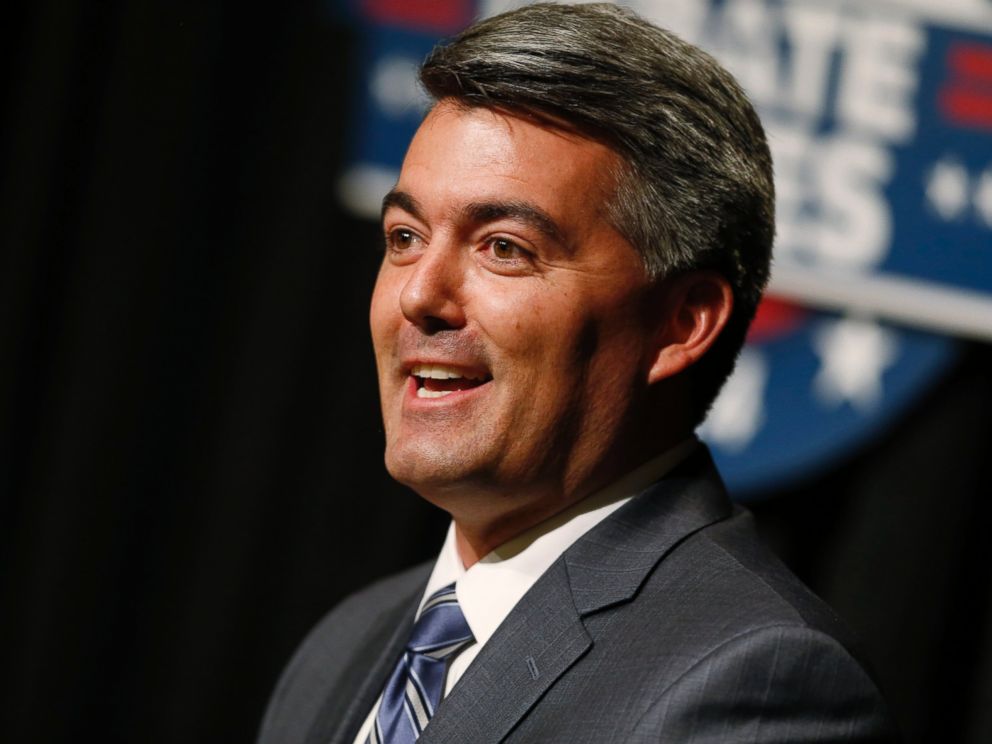PHOTO: FILE - This Oct. 7, 2014 file photo shows Republican challenger U.S. Rep. Cory Gardner making point during his senatorial debate with incumbent U.S. Sen. Mark Udall, D-Colo., at The Denver Post in Denver.