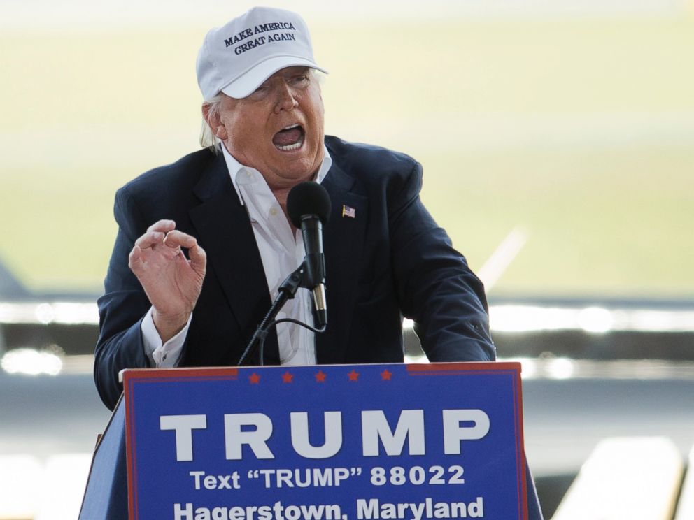 PHOTO: Republican presidential candidate Donald Trump speaks during a campaign rally in Hagerstown, Md., Sunday, April 24, 2016.