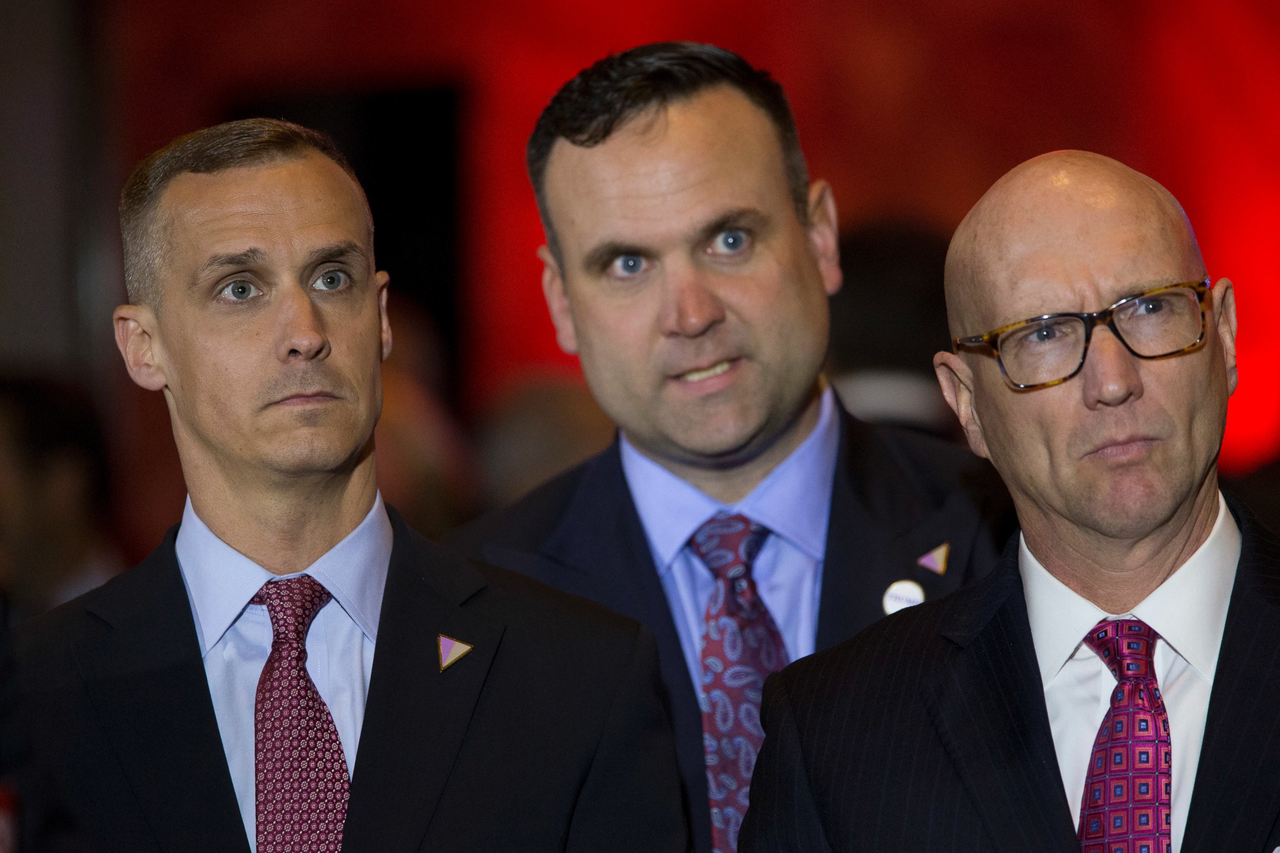 PHOTO: Republican presidential candidate Donald Trump campaign manager Corey Lewandowski (L), Dan Scavino, center, and Michael Glassner, watch as Ted Cruz ends his campaign, ahead of a primary night news conference by Trump, May 3, 2016, in New York City.