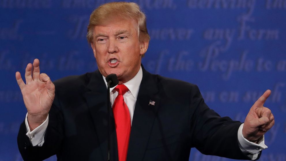 Republican presidential nominee Donald Trump during the third presidential debate with Democratic presidential nominee Hillary Clinton, Oct. 19, 2016.