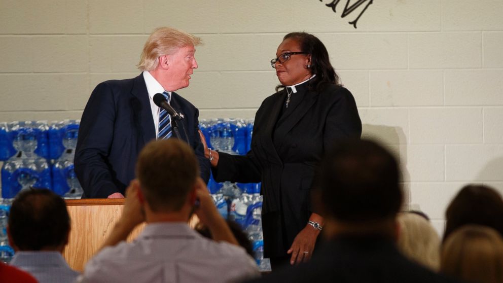 PHOTO: Rev. Faith Green Timmons interrupts Republican presidential candidate Donald Trump as he spoke during a visit to Bethel United Methodist Church, Sept. 14, 2016, in Flint, Michigan. 