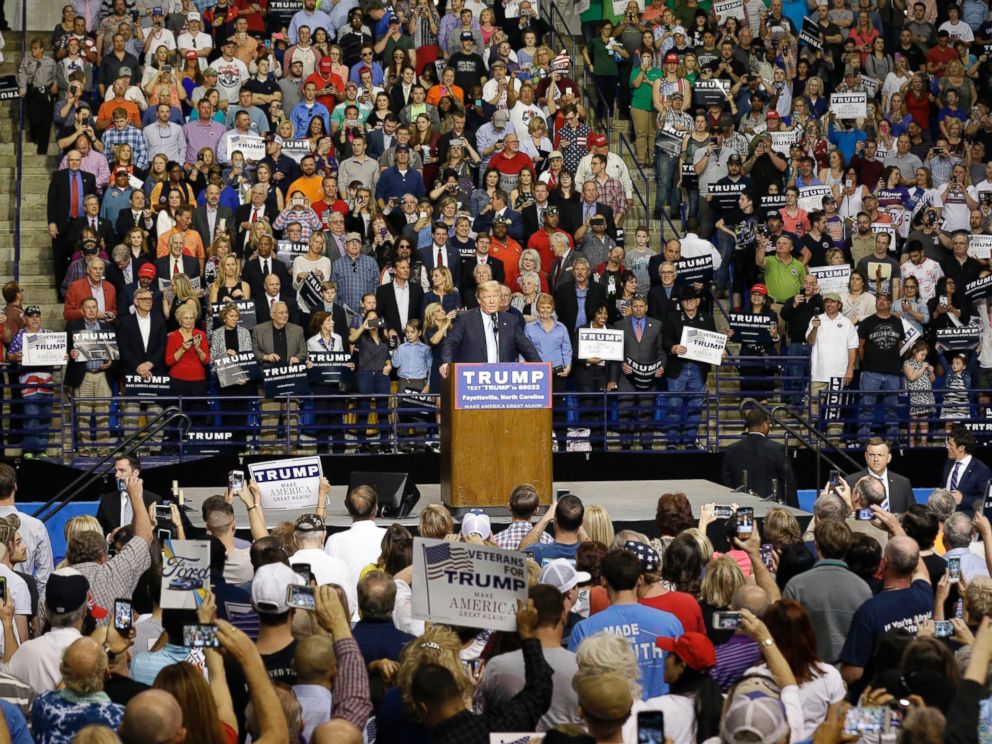 PHOTO: Republican presidential candidate Donald Trump speaks during a campaign rally in Fayetteville, N.C., March 9, 2016.
