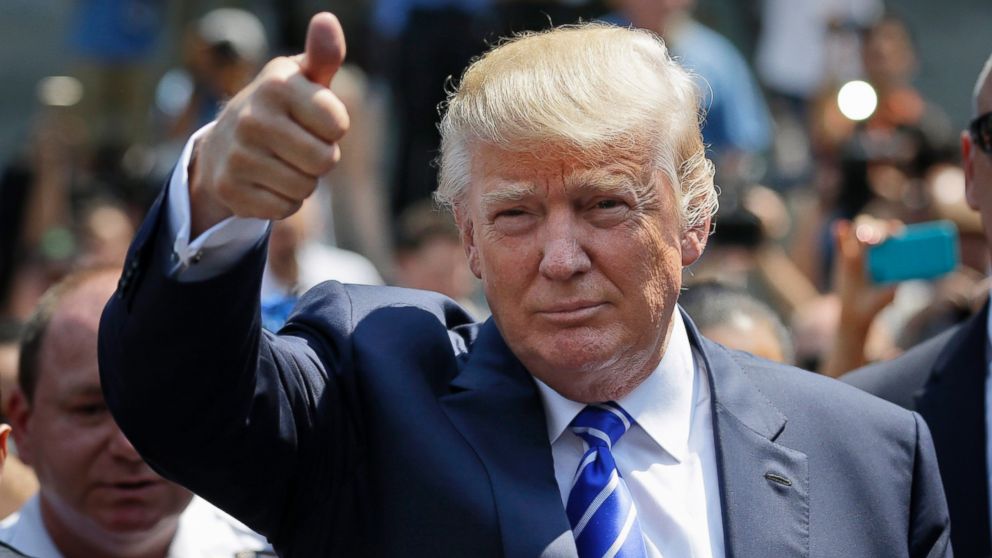 Donald Trump gives a thumbs-up as he leaves for lunch after being summoned for jury duty, Aug. 17, 2015, in New York.