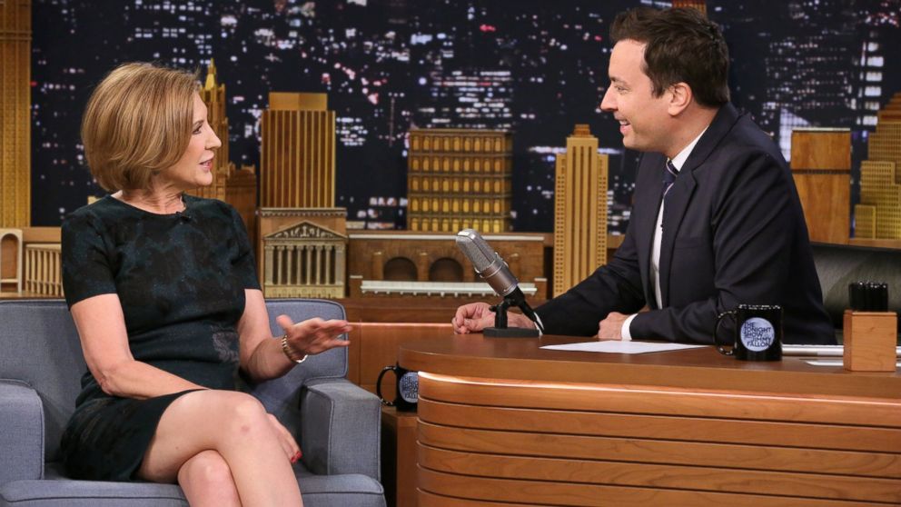 Republican presidential candidate Carly Fiorina appears with host Jimmy Fallon during a taping of "The Tonight Show with Jimmy Fallon," Monday, Sept. 21, 2015, in New York. 