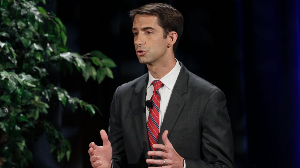 FILE - In this Oct. 14, 2014 file photo, Rep. Tom Cotton, R-Ark., speaks during a televised debate at the University of Arkansas in Fayetteville, Ark.