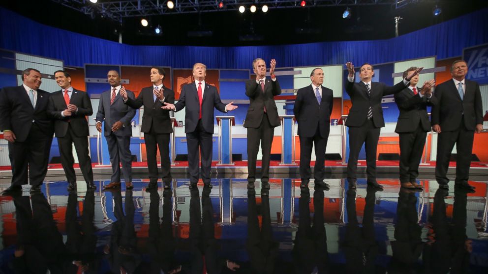 Republican presidential candidates from left, Chris Christie, Marco Rubio, Ben Carson, Scott Walker, Donald Trump, Jeb Bush, Mike Huckabee, Ted Cruz, Rand Paul, and John Kasich take the stage for the first Republican presidential debate at the Quicken Loans Arena Aug. 6, 2015, in Cleveland. 