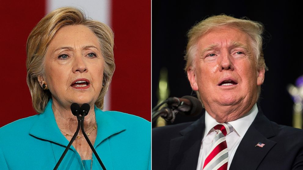 Democratic presidential candidate Hillary Clinton speaks at a campaign event at Truckee Meadows Community College in Reno, Nevada, Aug. 25, 2016 | Republican presidential candidate Donald Trump speaks during a rally at Windham High School, Aug. 6, 2016 in Windham, New Hampshire. 