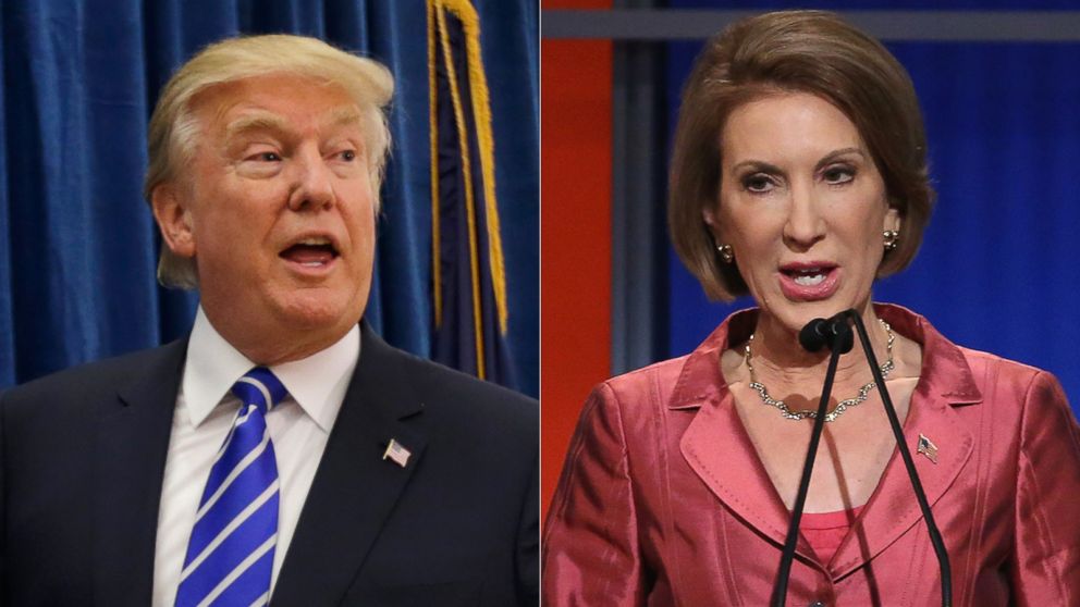 Donald Trump is pictured on Aug. 14, 2015 in Hampton, N.H. | Carly Fiorina is pictured on Aug. 6, 2015 in Cleveland, Ohio.