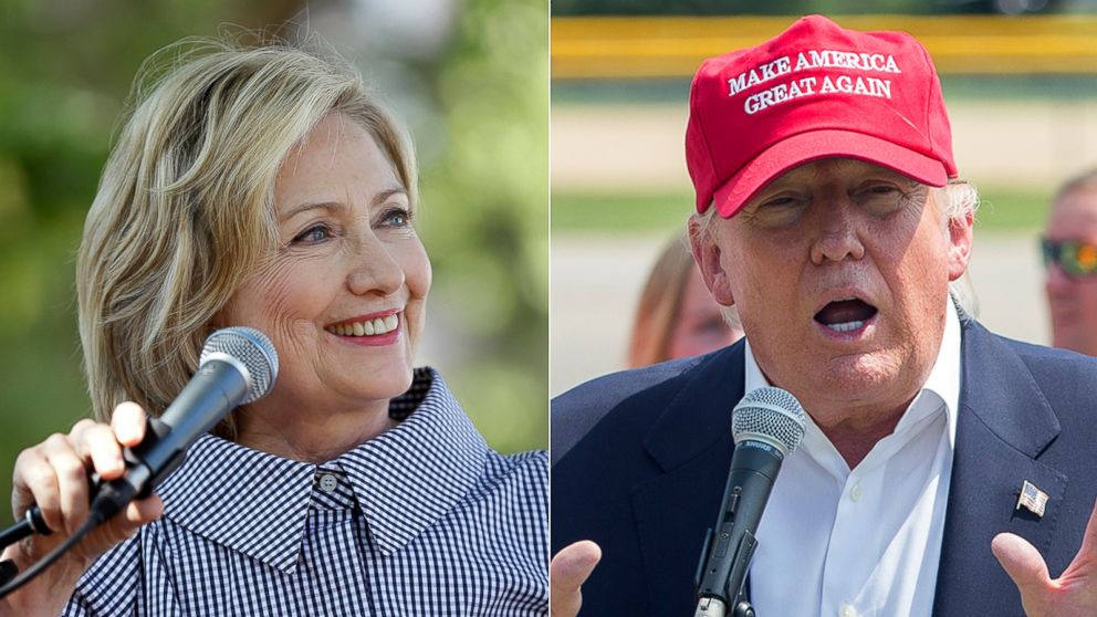Democratic presidential candidate Hillary Rodham Clinton at the Iowa State Fair, Aug. 15, 2015, in Des Moines, Iowa. | Republican presidential candidate businessman Donald Trump at the Iowa State Fair on Aug. 15, 2015, in Des Moines, Iowa.