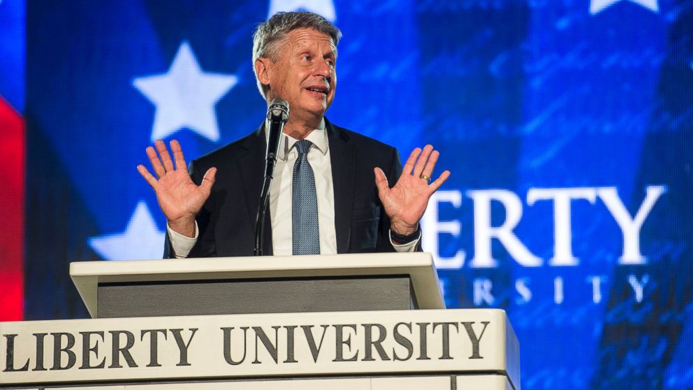 Libertarian candidate for president Gary Johnson gestures while delivering remarks at Liberty University on Oct. 17, 2016 in Lynchburg, Va.