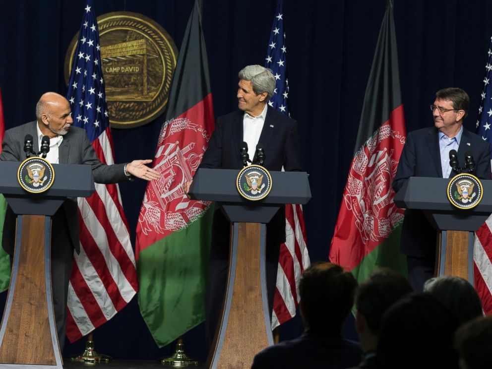 PHOTO: Afghanistans President Ashraf Ghani, accompanied by Secretary of State John Kerry and Defense Secretary Ash Carter, speaks during a news conference at the Camp David Presidential retreat, Monday, March 23, 2015.