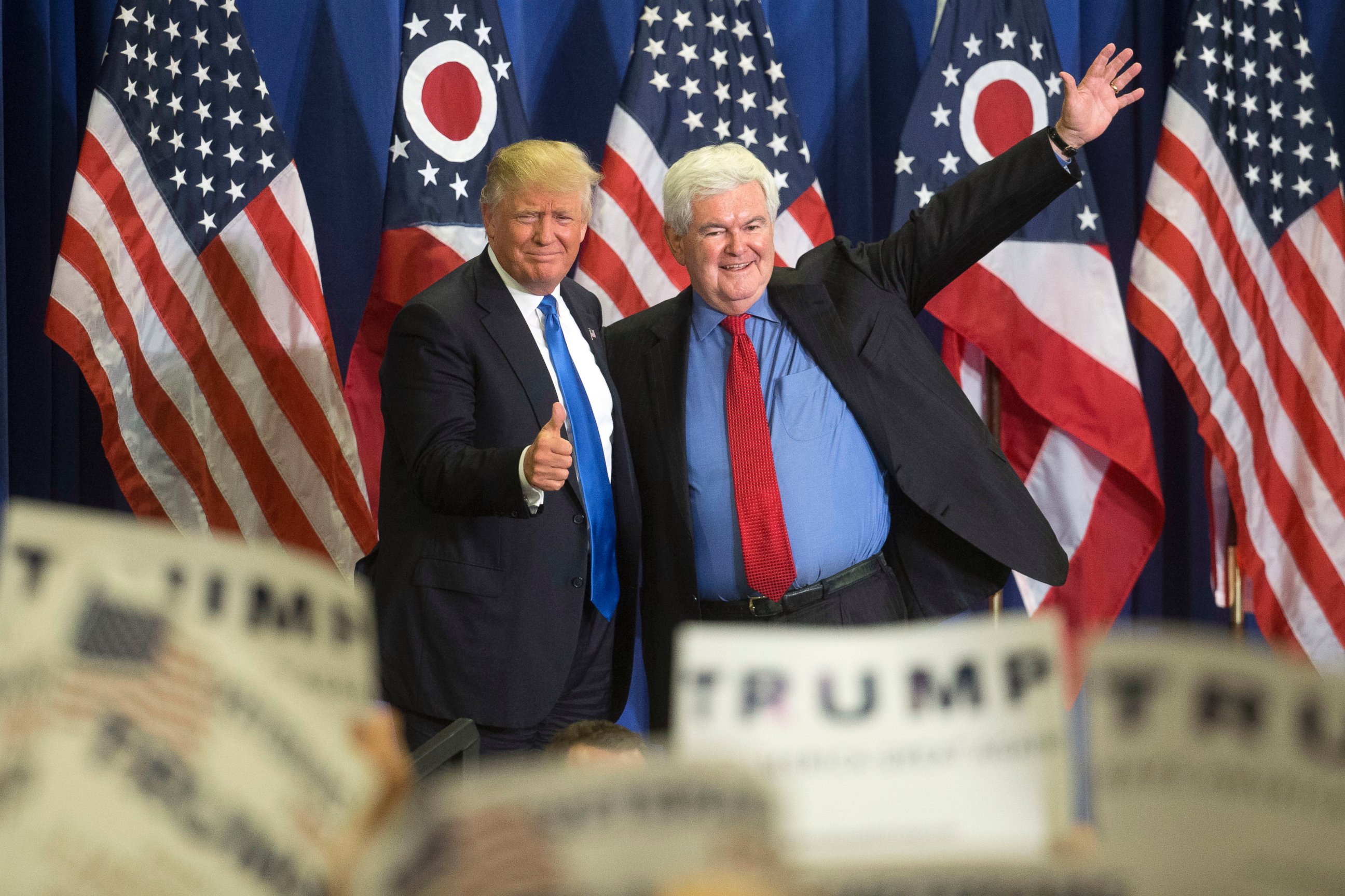 PHOTO: Republican presidential candidate Donald Trump, left, and former House Speaker Newt Gingrich, right, acknowledge the crowd during a campaign rally at the Sharonville Convention Center, July 6, 2016, in Cincinnati.